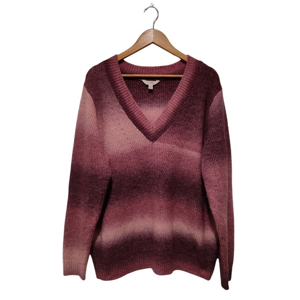 Terra & Sky Pink Ombre V-Neck Sweater Womens 1X Burgundy Striped Knit Top